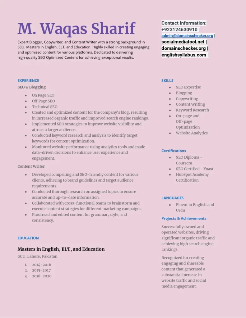 Resume Sample Page
